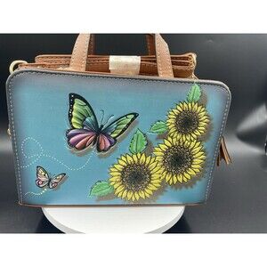 Purse Handbag Cross Body Tote Leather Butterfly Sunflower Blue Hand Made Artisan